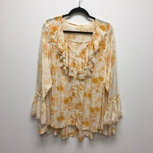 Free People Womens Orange Loretta Floral Oversized Flare Sleeve Tunic Blouse